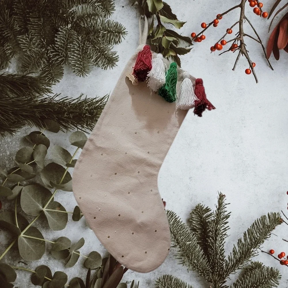 Mud Pie Canvas Gold Polka Dot Christmas Stocking.   New With Tags